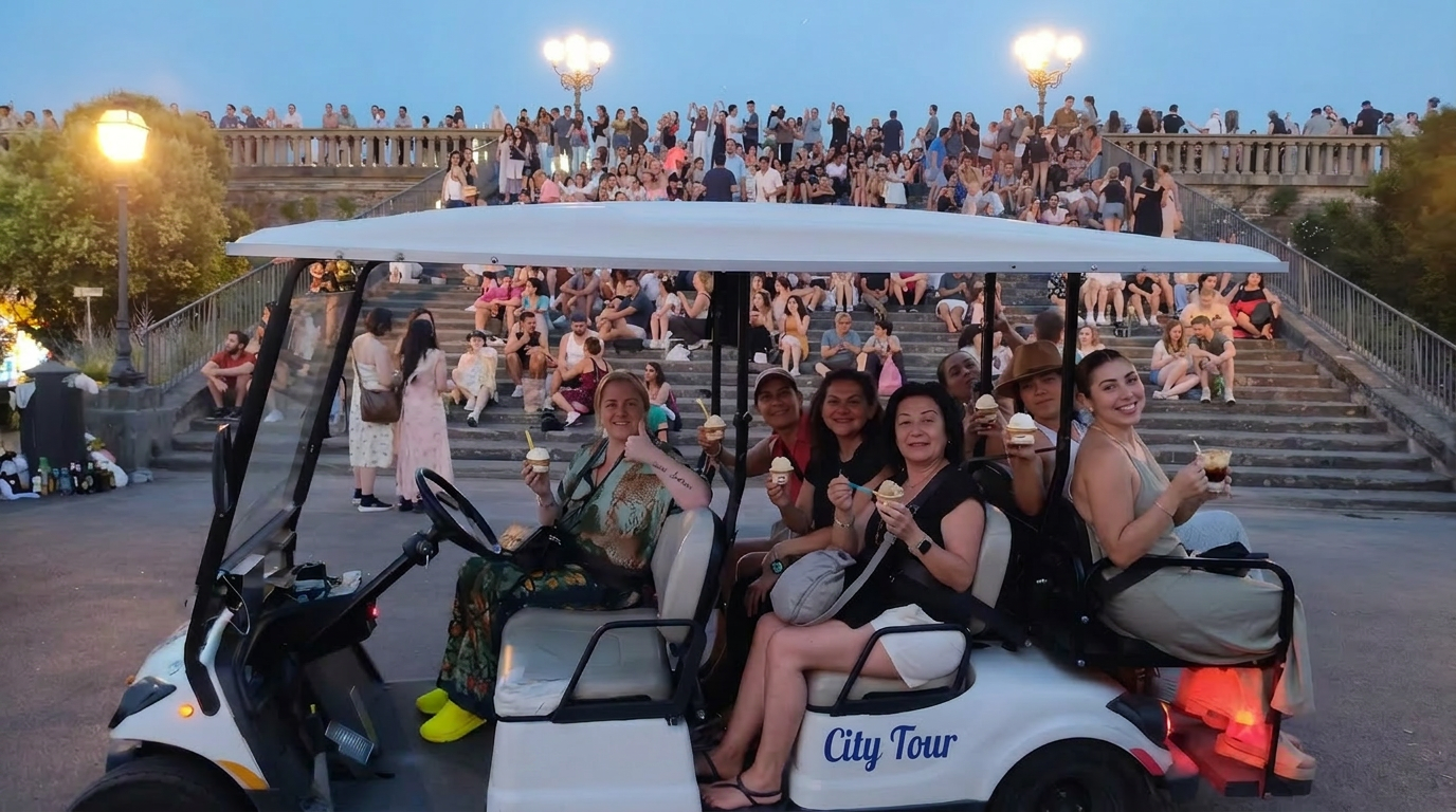Guests enjoying affogato and gelato in the AirStar golf cart at Piazzale Michelangelo