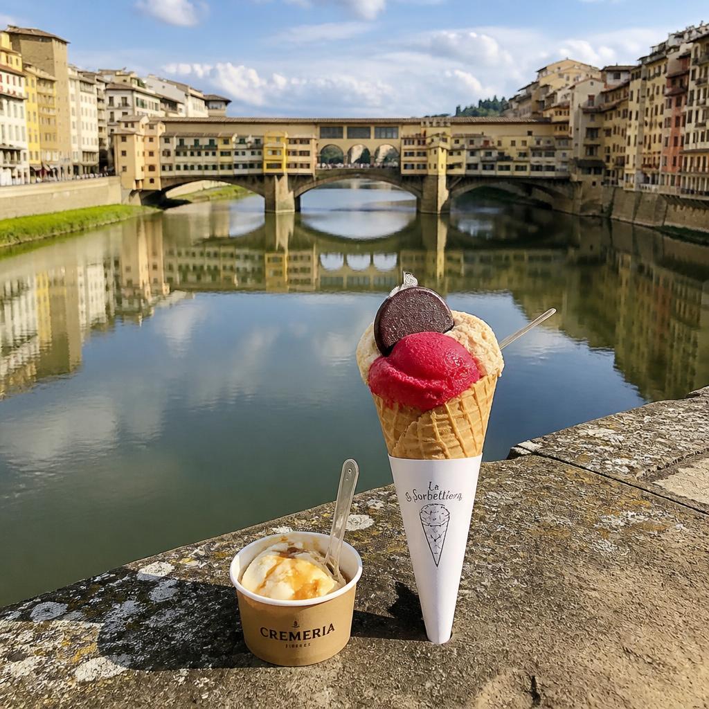 Gelato cone and affogato cup on the Ponte Vecchio bridge ledge